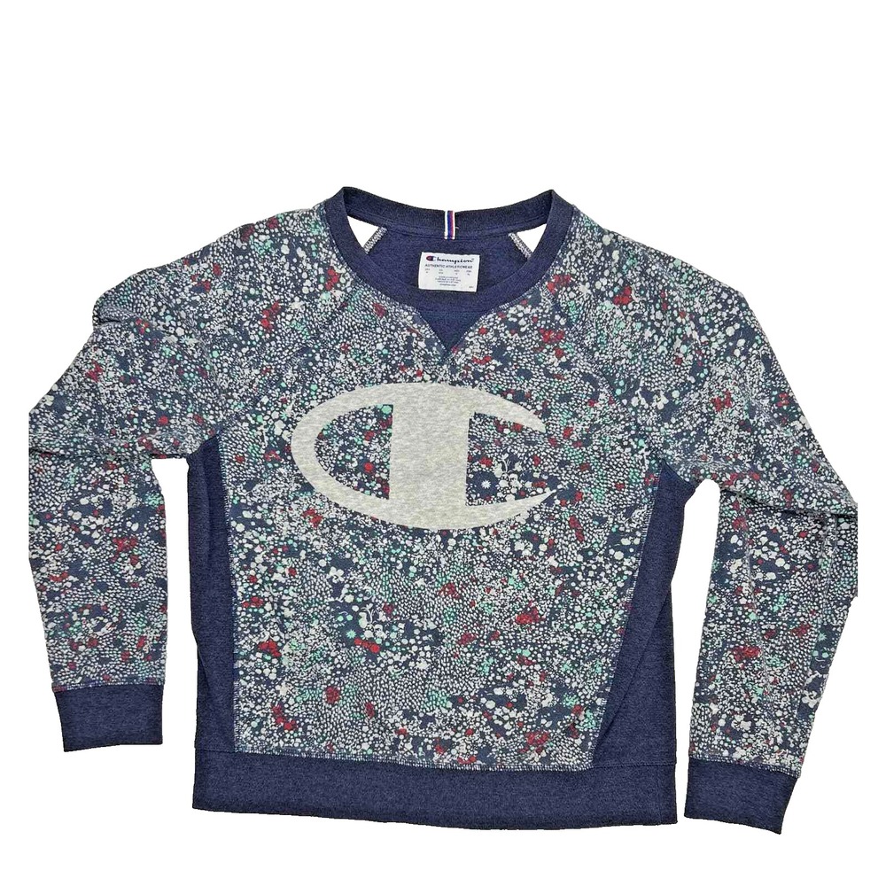 Champion Women Sweatshirt M Navy Blue Multi Color Spot Athleisure Big Logo Comfy